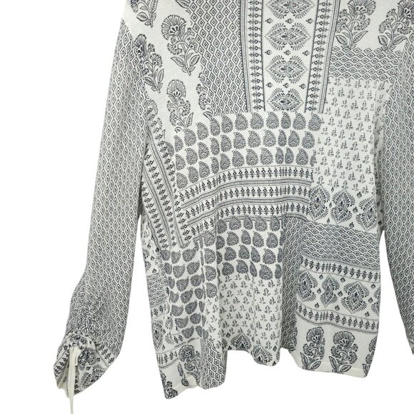 Chicos Open Front Cardigan Womens Size 2 US L Ruched Sleeve Sweater Paisley - Picture 14 of 16